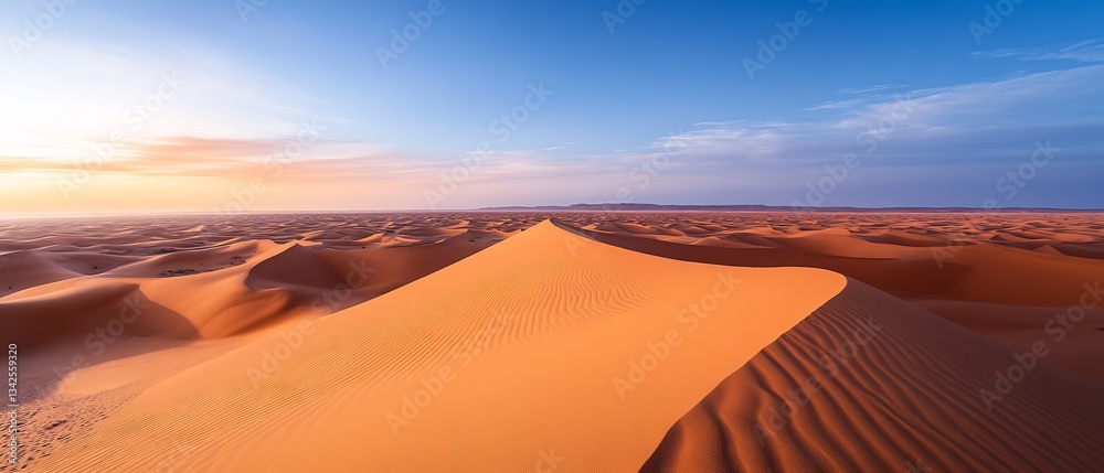 Poster golden sand dunes illuminated by warm sunrise light featuring textured patterns and expansive horizo