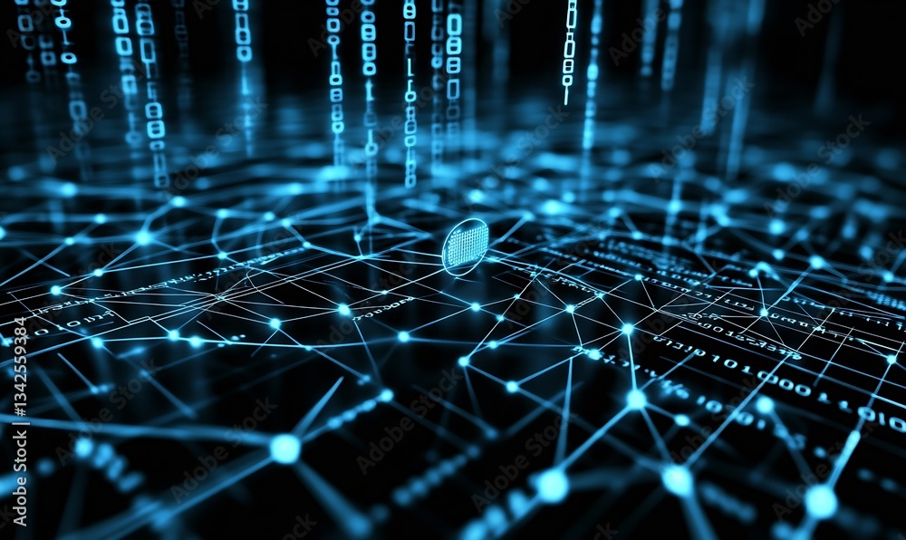 Aufkleber Futuristic digital interface with blue glowing data connections and fingerprint representation emphasizing cybersecurity : Generative AI