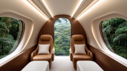Train car featuring a stunning view of the lush jungle landscape through the large in a relaxed setting