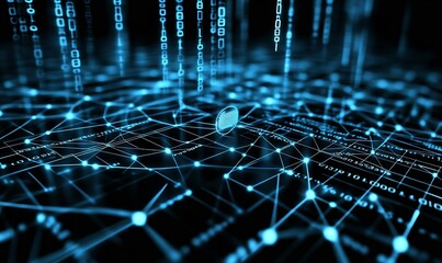 Futuristic digital interface with blue glowing data connections and fingerprint representation emphasizing cybersecurity : Generative AI