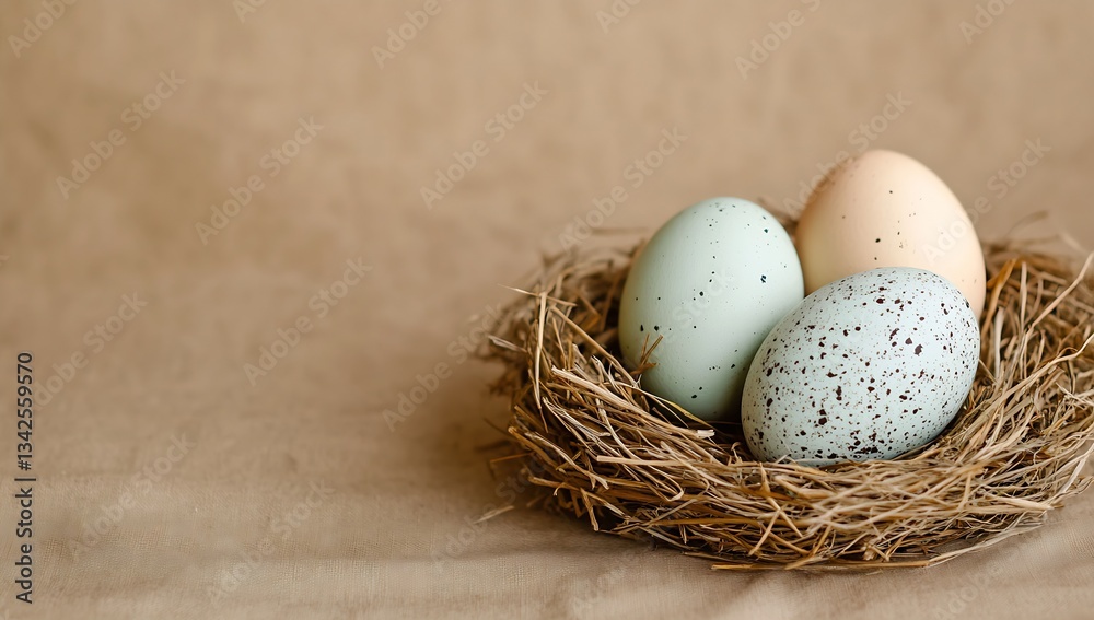 Poster Trio of pastel colored eggs resting in a rustic straw nest on a natural fabric surface for Easter : Generative AI