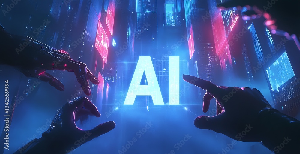Aufkleber Immersive image of AI showcased in a vivid digital landscape with robotic hands poised for interaction : Generative AI