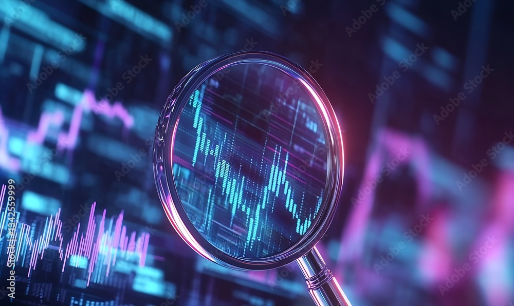 Poster detailed analysis of financial trends through a magnifying glass showing vibrant stock market graphs