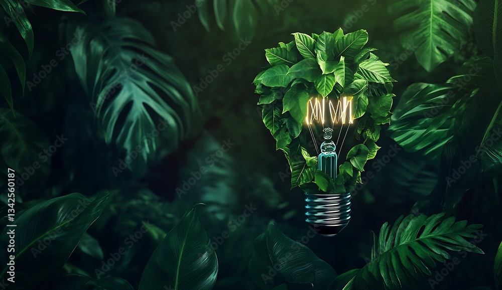 Poster innovative light bulb crafted with green leaves displaying artistic representation of sustainable en