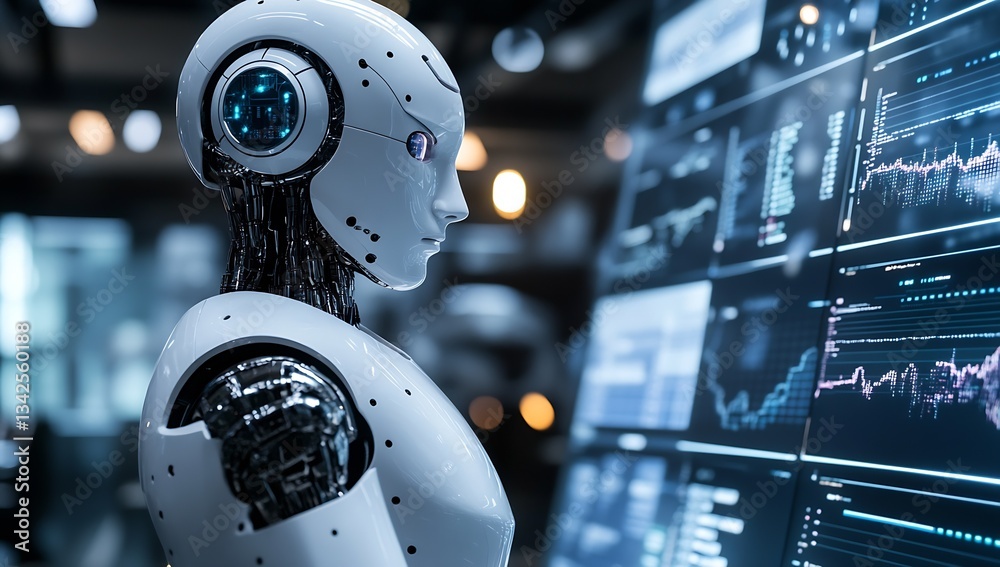 Aufkleber Futuristic robot interacting with digital screens showcasing data and analytics in a modern environment : Generative AI