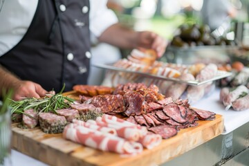 Charcuterie display at outdoor food event showcasing an array of cured meats and artisanal products prepared by a skilled chef in a festive atmosphere