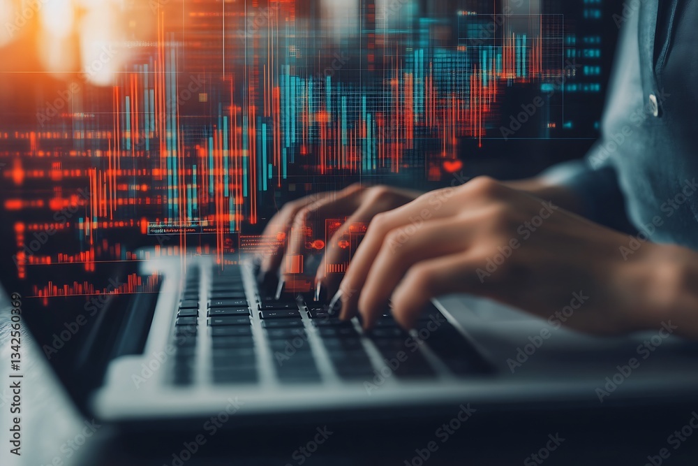 Poster Hands typing on keyboard with vibrant data visualization and stock market trends displayed on screen : Generative AI
