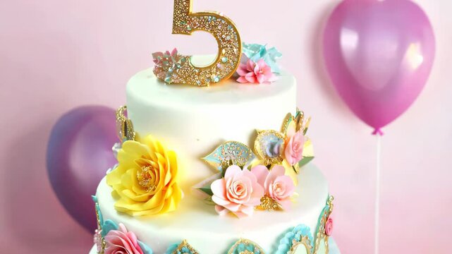 Colorful Pastel Birthday Cake Background for Happy 5th Anniversary Celebration Card
