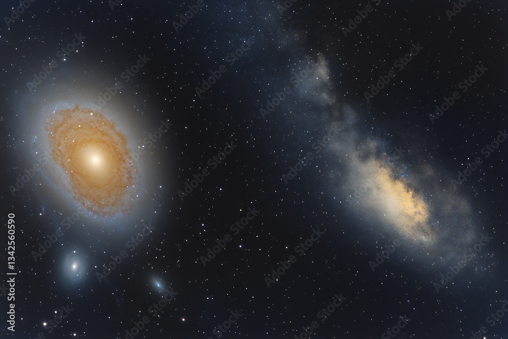 Poster breathtaking view of two galaxies merging in the vastness of space surrounded by distant stars : gen
