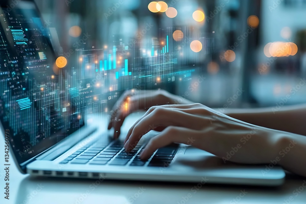 Poster Professional person engaged in data entry on a laptop with vibrant graphics and analytics hovering in space showcasing digital skills : Generative AI