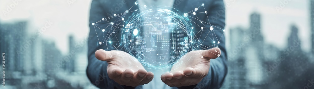 Poster businessman with a holographic globe depicting advanced data solutions futures and innovations in di