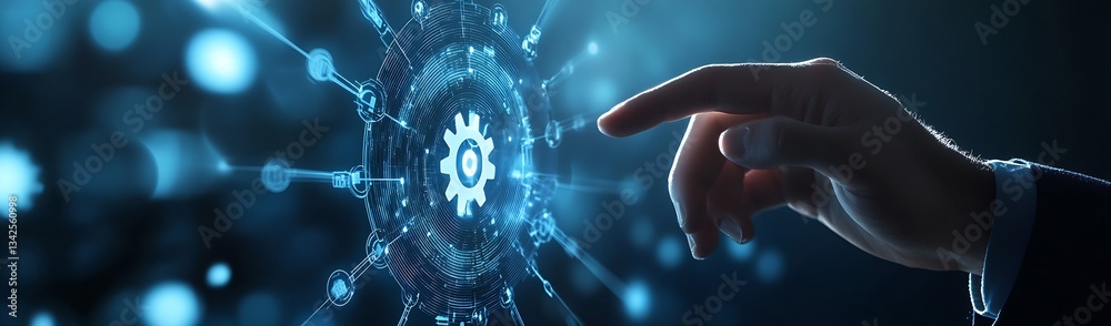 Poster Close up of a hand touching a digital interface with gears and data visualizations : Generative AI