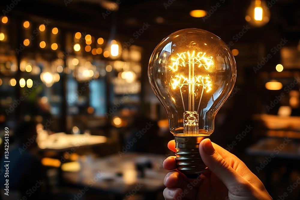 Poster brightly illuminated light bulb held in a hand against the blur of a cozy restaurant atmosphere : ge