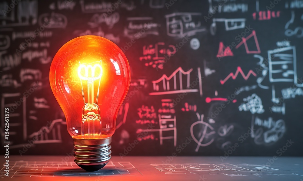 Aufkleber bright orange light bulb glowing against a backdrop of business charts and graphs representing innov
