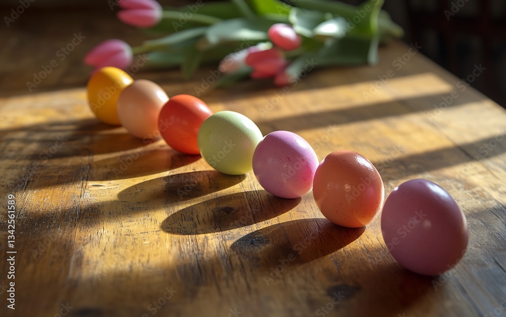 Poster Six colorful Easter eggs arranged in a line on a wooden table with tulips in the background creating a festive atmosphere : Generative AI