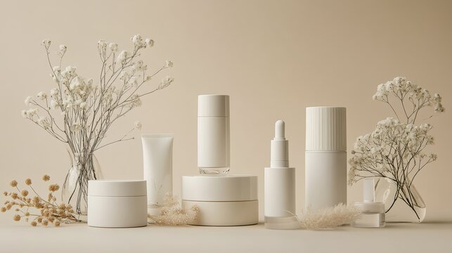 A pristine array of white cosmetic products containers stood in stark elegance against a neutral beige background, their minimalist design exuding sophistication and purity.