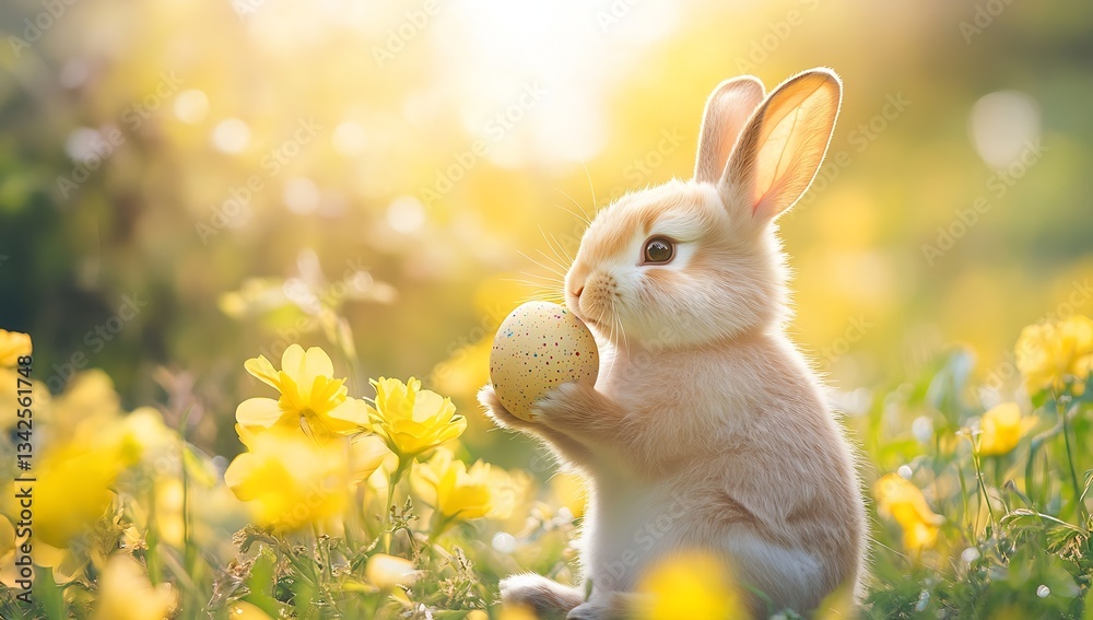 Poster sweet rabbit with a decorative easter egg surrounded by cheerful flowers and soft sunlight in a mead