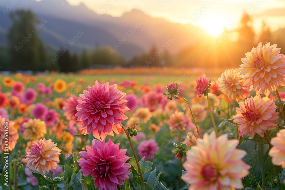 Poster enchanting sunset glow over a colorful dahlia flower field framed by majestic mountains in the backg
