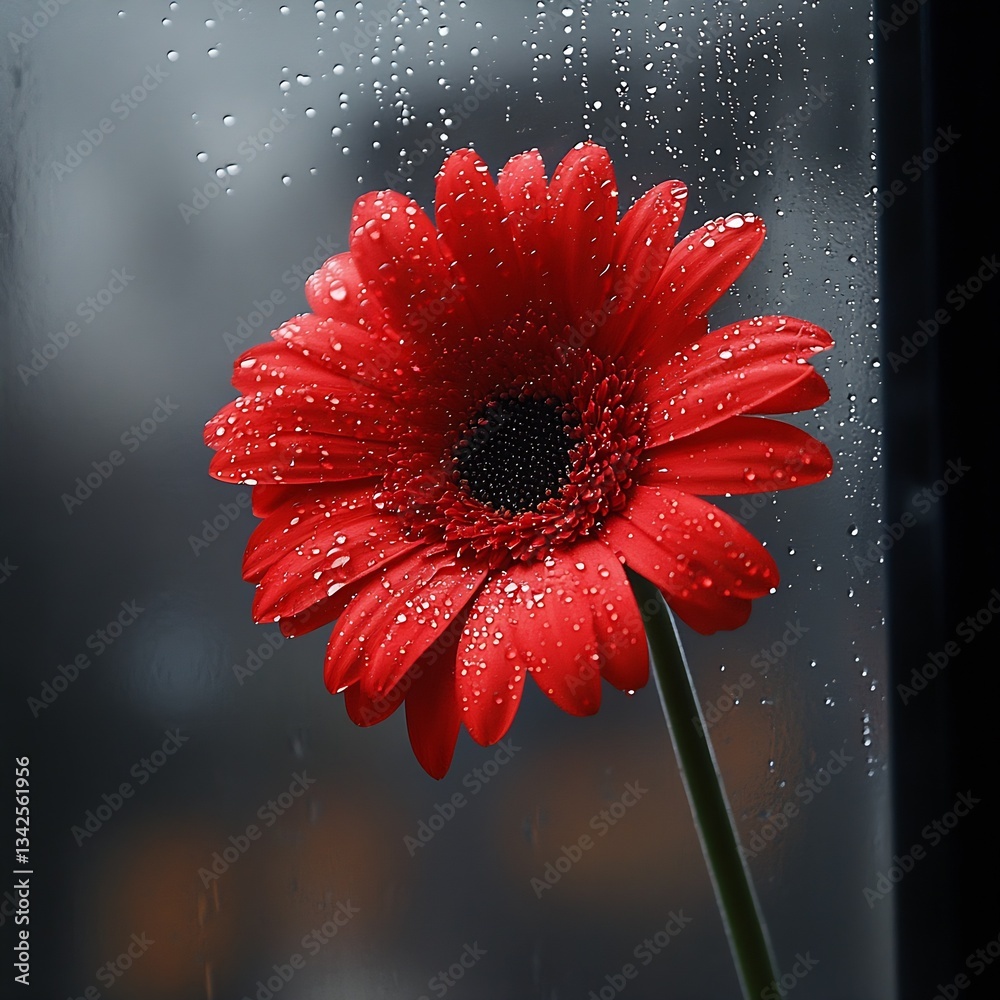 Poster Beautiful red flower with rain droplets displayed in front of a softly blurred rainy window creating a tranquil ambiance : Generative AI
