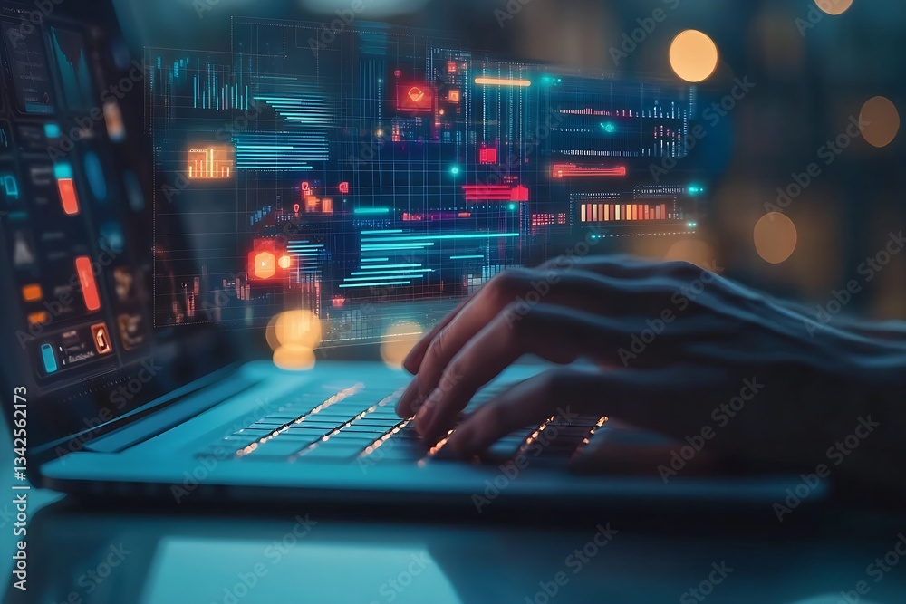 Aufkleber Futuristic Scene of Hands Working on Laptop Surrounded by Data Streams and Visual Analytics in a Nighttime Setting : Generative AI