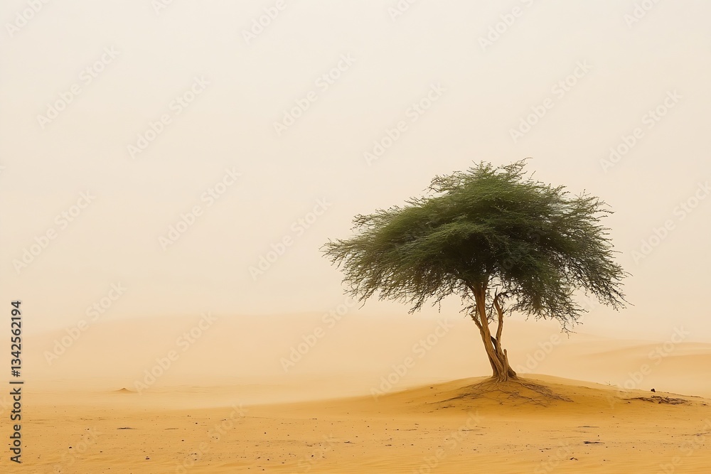 Poster Isolated tree in desert dunes under soft sunlight with hazy atmosphere creating a peaceful natural scene : Generative AI
