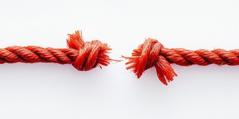 Detailed image of two frayed red ropes with knots showing vivid textures against a minimalist backdrop for artistic appeal : Generative AI