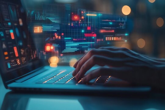 Futuristic Scene of Hands Working on Laptop Surrounded by Data Streams and Visual Analytics in a Nighttime Setting : Generative AI