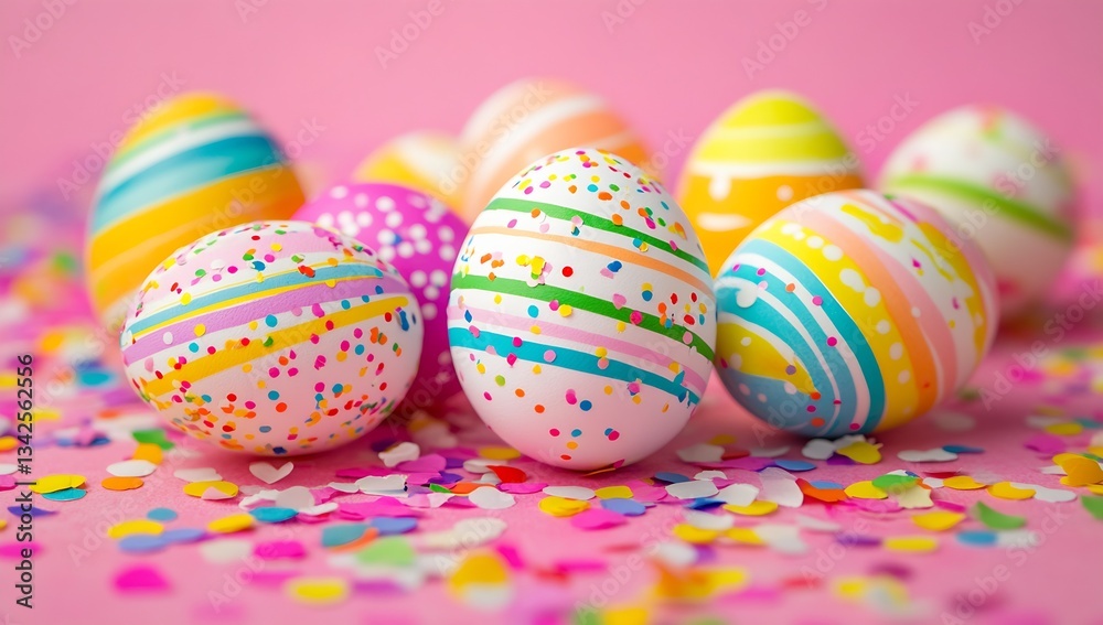 Aufkleber an assortment of beautifully painted easter eggs with colorful stripes scattered on a pink backdrop 