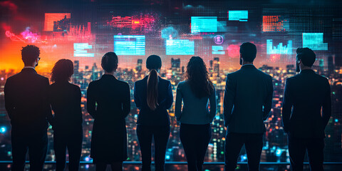 Business team overlooking futuristic digital cityscape, data analytics and technology innovation | Silhouetted professionals analyzing financial growth on a high-tech city skyline 