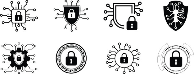 Fototapeta premium Set of cyber security icon. Data protection symbol. Concept of internet privacy, cyber protection and antivirus. Shield lock in futuristic style