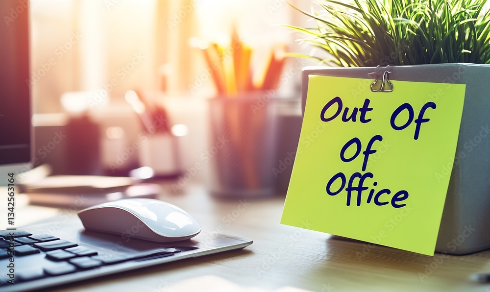 Aufkleber Bright and inviting home office featuring an Out of Office note and stylish desk setup with greenery to enhance productivity : Generative AI