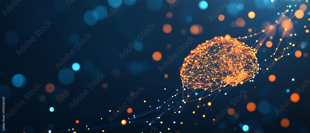 Poster An Impressive Digital Representation of a Neural Network Brain with Bright Lights and Colorful Dots in Motion : Generative AI