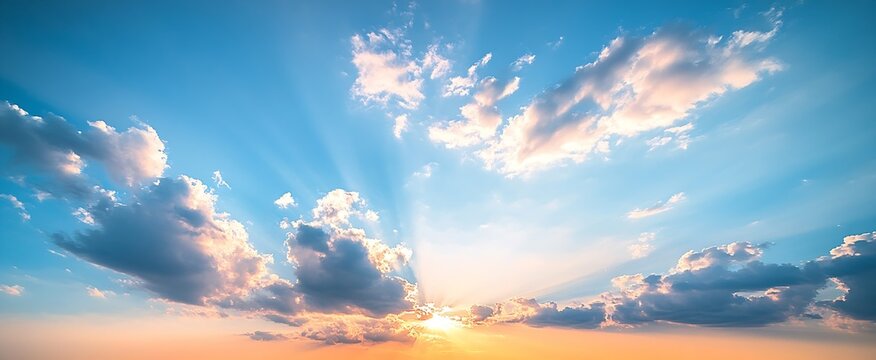 Breathtaking sunlight breaking through clouds at sunset creating a radiant glow over a calm sea : Generative AI