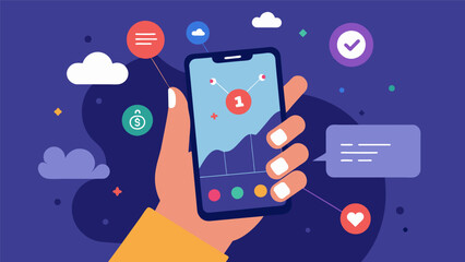 A hand holding a smartphone navigating through a mood tracking apps interface.. Vector illustration