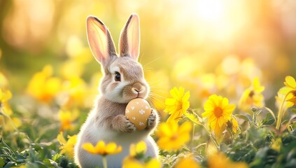 Fototapeta premium Adorable rabbit holding a decorated Easter egg surrounded by bright yellow flowers in a sunny meadow : Generative AI
