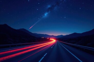 Night starry sky. Meteor shower, abstract space background. High speed highway in long delay, with car lights at night on the autobahn.