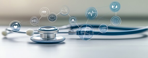Stethoscope with digital health icons representing modern medical technology and patient care : Generative AI