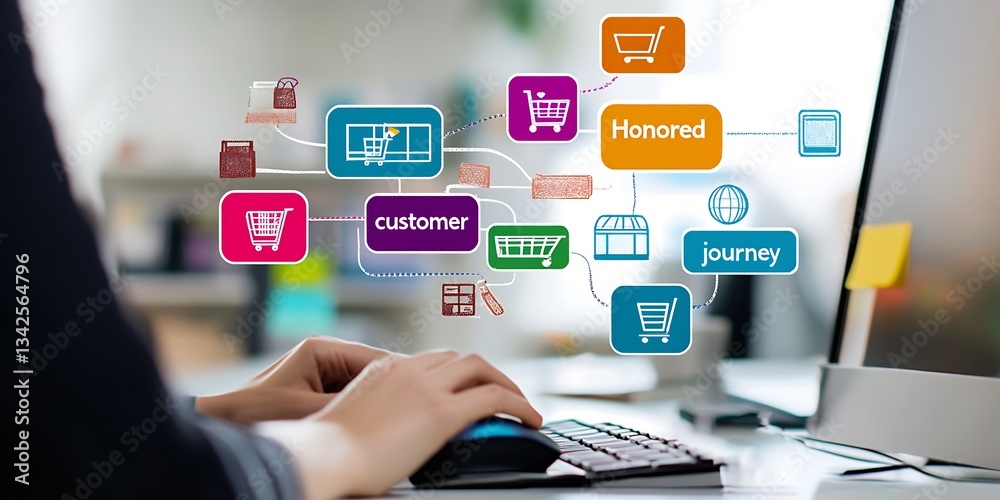 Poster Visual representation of customer journey analytics and marketing insights using modern software tools on a computer : Generative AI