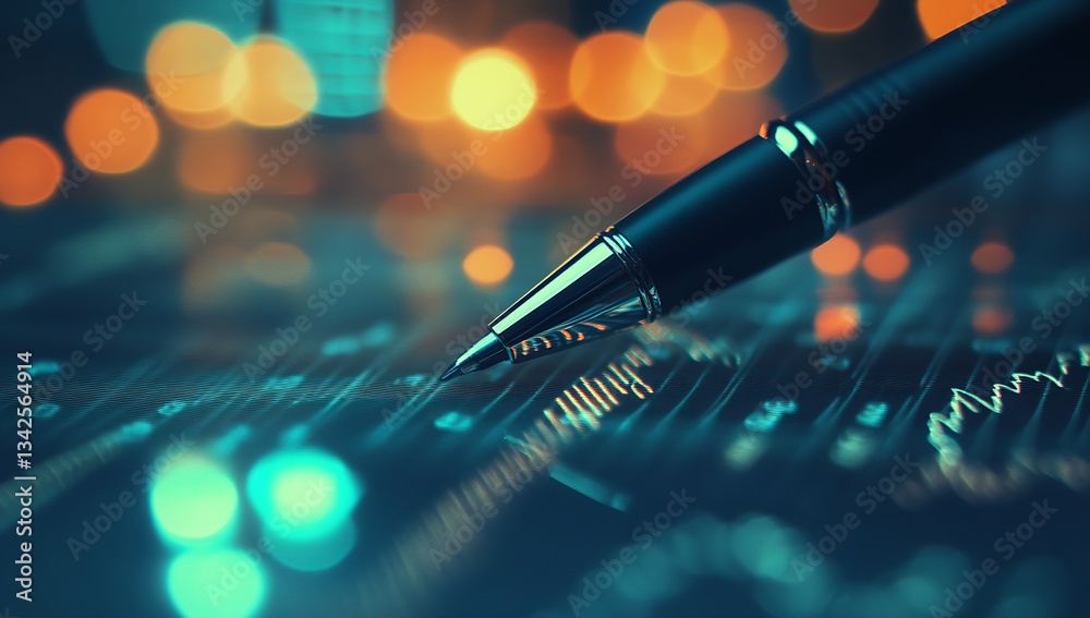 Poster Close up of a sleek black pen positioned on a data sheet illuminated by colorful bokeh lights that enhance focus on creativity : Generative AI