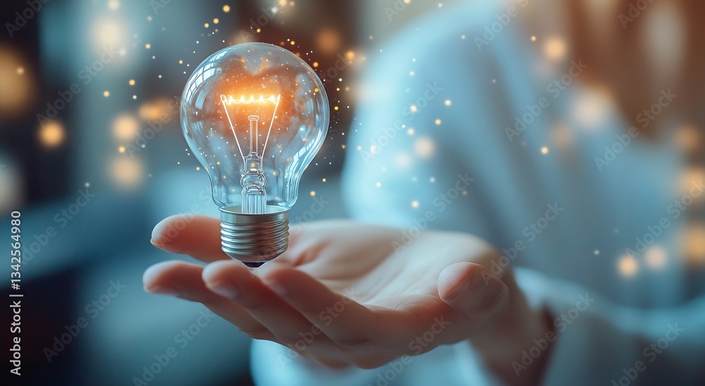 Poster A hand showcases a light bulb that shines with sparkling light representing ideas and creativity in business : Generative AI