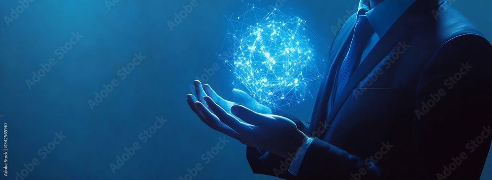 Poster stylish man in suit presenting a luminous digital sphere symbolizing technology advancements and fut