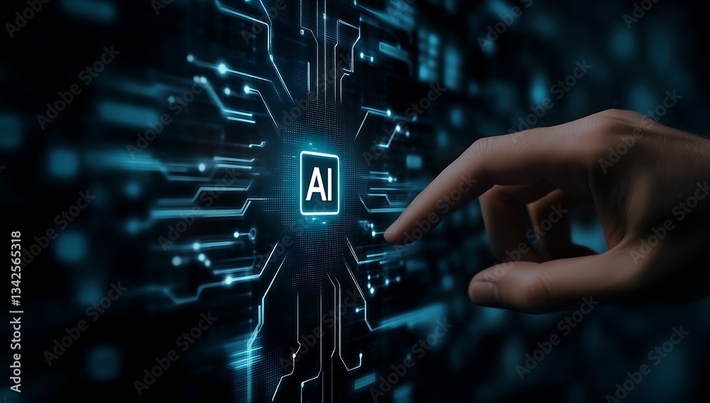 Poster Futuristic Hand Touching Artificial Intelligence Button Surrounded by High-Tech Circuitry : Generative AI