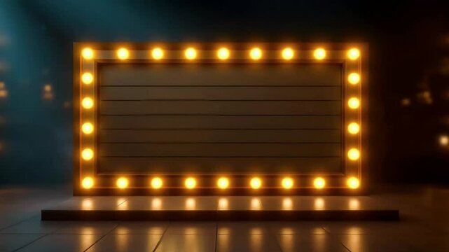 Retro marquee signboard with glowing vintage bulbs on dark stage background &mdash; cinematic animation scene for show intro, theater promo, spotlight advertisement, or entertainment event visuals.