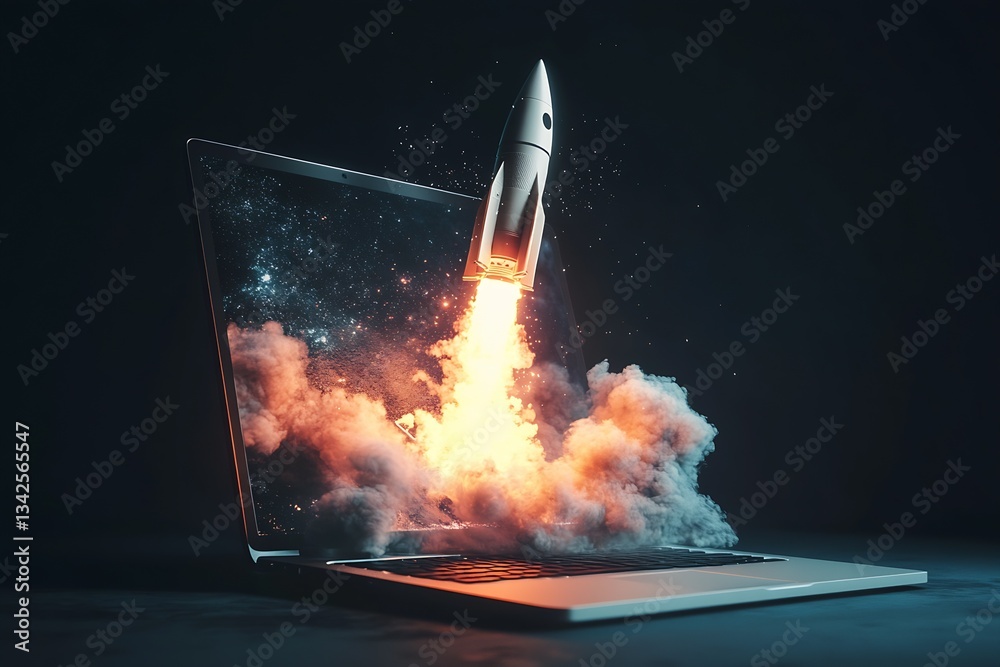 Poster impressive image of a rocket propelling from a laptop screen surrounded by smoke and light effects :