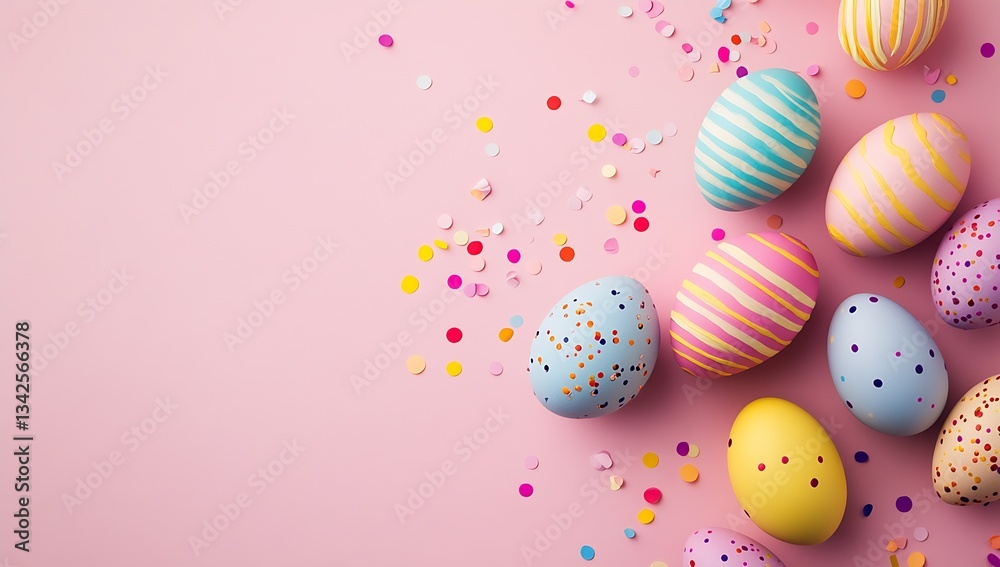 Aufkleber colorful easter eggs on a pink background adorned with confetti create a festive spring atmosphere :
