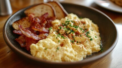 A symphony of textures and flavors unfolds as a golden-brown plate reveals a fluffy cloud of freshly scrambled eggs nestled amidst crispy bacon and fluffy toast, all bathed in the warm glow of a