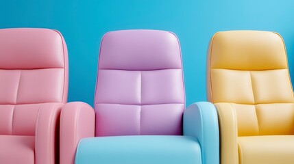 Colorful Modern Chairs in Soft Pastel Shades Against Blue Background