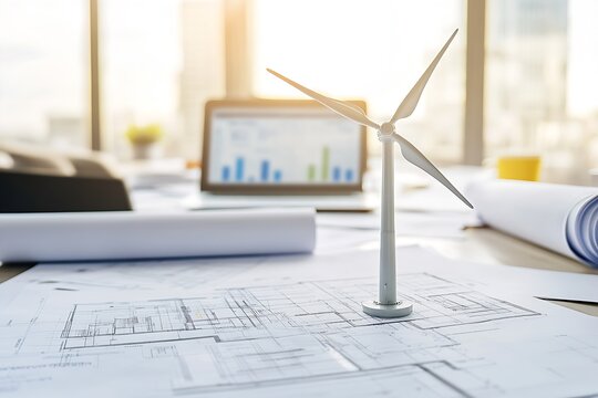 Brightly lit office with wind turbine model on plans showcasing renewable energy solutions and innovative design : Generative AI