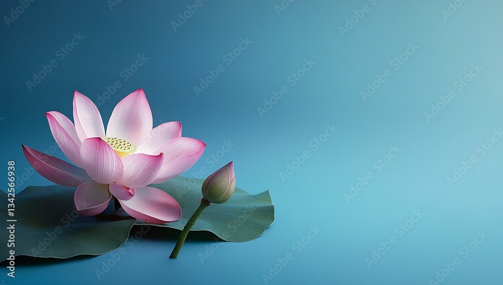 Aufkleber elegant single pink lotus flower resting on a green leaf against a soft blue background conveying pe