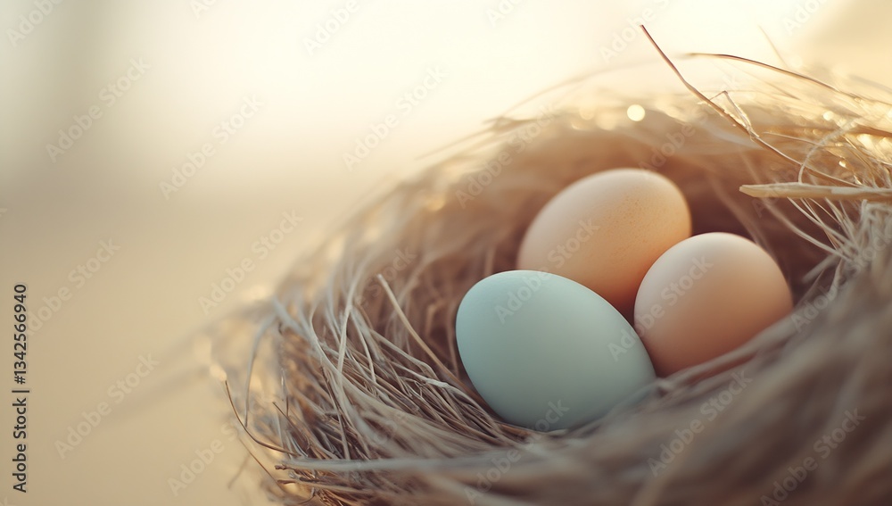 Aufkleber soft focus on easter eggs nestled in a straw nest illuminated by warm natural light : generative ai